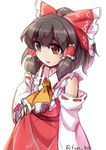  :o ascot bare_shoulders black_hair blush bow brown_eyes detached_sleeves fun_bo hair_bow hair_tubes hakurei_reimu hand_on_hip large_bow short_hair sketch skirt skirt_set solo touhou twitter_username 