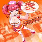  :p bag bandages belt blush boots brand_name_imitation breasts cherry_pie cleavage clothes_writing employee_uniform food fruit hair_ornament hand_on_hip handbag heart highres hooters large_breasts looking_at_viewer milk_(pop'n_music) osamu_yagi pie pink_hair plate pop'n_music red_eyes short_hair short_shorts shorts smile solo strawberry tank_top thigh_boots thighhighs tongue tongue_out twintails uniform 