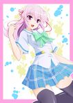  alternate_costume black_legwear blush bow egonomi estel_freesia hair_ribbon long_hair pink_hair plaid plaid_skirt purple_eyes ribbon school_uniform serafuku skirt solo thighhighs yoake_mae_yori_ruri_iro_na 