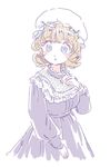  blonde_hair blue_eyes blush dress hand_on_own_chest hat long_sleeves looking_at_viewer maribel_hearn mitsumoto_jouji mob_cap open_mouth purple_dress short_hair solo touhou 