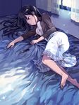  barefoot bed black_hair blue_eyes curtains dress indoors long_hair lying on_side original solo sweater tan_(tangent) window 