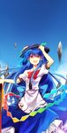  blue_hair blue_sky day floating_rock food fruit hat hinanawi_tenshi kutsuki_kai long_hair looking_at_viewer open_mouth peach puffy_short_sleeves puffy_sleeves red_eyes shirt short_sleeves skirt sky smile solo sword_of_hisou touhou very_long_hair 