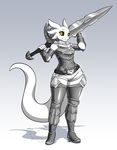  anthro armor clothed clothing dragon female gradient_background kittydee looking_at_viewer melee_weapon simple_background smile solo sword weapon 
