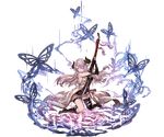  belt between_breasts between_legs blue_eyes boots breasts bug butterfly draph gloves granblue_fantasy hair_ornament hairclip hairpin high_heels horns insect katana large_breasts leg_belt long_coat long_hair minaba_hideo narmaya_(granblue_fantasy) official_art pink_hair pointy_ears sheath sitting solo sword thigh_strap transparent_background weapon 