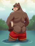  5_fingers anthro bear black_nose blush brown_fur butt clothed clothing cloud digital_media_(artwork) embarrassed fur furrybob green_eyes grizzly_bear lake looking_at_viewer looking_back male mammal outside pants pants_down pants_pull partially_clothed partially_submerged presenting presenting_hindquarters rear_view red_bottomwear shorts sky slightly_chubby solo standing swimming teenager three-quarter_portrait topless water young 