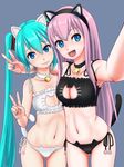  :3 :d alternate_costume animal_ears aqua_hair aqua_nails arm_around_shoulder armpits ass_visible_through_thighs bell bell_choker black_panties blue_background breasts cat_cutout cat_ear_panties cat_ears cat_lingerie cat_tail choker cleavage_cutout closed_mouth collarbone cowboy_shot eyebrows eyebrows_visible_through_hair eyelashes fake_animal_ears flat_chest frills hair_between_eyes hatsune_miku jingle_bell large_breasts legs_apart long_hair looking_at_viewer looking_to_the_side megurine_luka meme_attire multiple_girls nail_polish navel o-minato open_mouth panties paw_print pink_hair pink_lips reaching_out self_shot side-tie_panties simple_background smile stomach tail twintails underwear underwear_only v very_long_hair vocaloid white_panties 