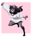  anthro black_hair blue_eyes breasts cat clothing feline female fur grey_fur hair headband higgyy legwear long_hair mammal paws shirt smile socks stripes teeth thick_thighs 