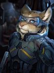  alsaresnolynx armor blue_eyes eyewear feline glasses lynx mammal military 