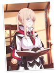  anchor belt_pouch bespectacled black_gloves blonde_hair blue_eyes blurry book breasts capelet ceiling celtic_knot cross_print depth_of_field glasses gloves graf_zeppelin_(kantai_collection) hat highres holding holding_book indoors iron_cross kantai_collection lamp large_breasts long_hair long_sleeves necktie open_book osterei photo_(object) pouch red-framed_eyewear semi-rimless_eyewear sidelocks solo translated twintails under-rim_eyewear upper_body window 