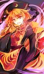  black_dress blonde_hair chinese_clothes dress hair_ornament junko_(touhou) kutsuki_kai long_hair long_sleeves looking_at_viewer open_mouth red_eyes sash smile solo tabard touhou very_long_hair wavy_mouth wide_sleeves 