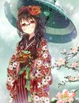  black_gloves blush brown_hair floral_print flower glasses gloves green_eyes hair_flower hair_ornament hair_ribbon japanese_clothes kimono long_hair nekozuki_yuki oriental_umbrella original red-framed_eyewear ribbon semi-rimless_eyewear smile snow solo umbrella yellow_eyes 