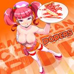  :p bag bandages belt blush boots brand_name_imitation breasts cherry_pie cleavage employee_uniform food fruit hair_ornament hand_on_hip handbag heart highres hooters large_breasts looking_at_viewer milk_(pop'n_music) nipples osamu_yagi pie pink_hair plate pop'n_music red_eyes short_hair short_shorts shorts smile solo strawberry tank_top thigh_boots thighhighs tongue tongue_out topless twintails uniform 