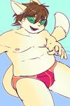  5_fingers anthro brown_hair cat clothing eyes_closed feline fur hair male mammal mangolynx nipples open_mouth slightly_chubby solo speedo swimsuit white_fur 