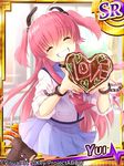  ^_^ angel_beats! card_(medium) chocolate chocolate_heart closed_eyes demon_tail grin heart long_hair pink_hair remotaro school_uniform serafuku shinda_sekai_sensen_uniform sleeves_rolled_up smile solo tail two_side_up valentine yui_(angel_beats!) 