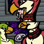  2016 anonyartist anthro askos avian avian_(starbound) beak bird brown_eyes collar cum cum_in_beak cum_in_mouth cum_inside cum_swallow cute digital_media_(artwork) duo feathers float floating green_feathers licking licking_lips maladash male male/male open_mouth penis red_feathers space space_background star starbound the_look tongue tongue_out video_games wall 