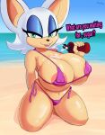  2022 absurd_res anthro areola areola_slip beach bikini bodily_fluids bottle breasts chiropteran clothing cranihum day dialogue english_text eyeshadow female green_eyes hi_res lipstick looking_at_viewer lotion makeup mammal narrowed_eyes navel rouge_the_bat sand seaside sega signature smile solo sonic_the_hedgehog_(series) sweat swimwear tan_body tan_skin text video_games water 