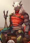  2016 abs anthro armor bandage biceps big_muscles bulge clothed clothing dragon ear_piercing eyewear gloves goggles grey_scales hair horn looking_at_viewer male melee_weapon muscular pecs piercing rabbity red_scales reptile scales scalie sitting solo soren_ashe sword topless weapon white_hair yellow_eyes 