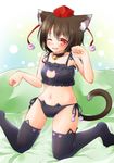  animal_band_legwear animal_ears bell bell_collar black_bra black_hair black_legwear black_panties bra cat_band_legwear cat_cutout cat_ear_panties cat_ears cat_lingerie cat_tail cleavage_cutout collar collarbone hat hat_ribbon jingle_bell kemonomimi_mode kneeling meme_attire navel one_eye_closed panties paw_pose red_eyes ribbon shameimaru_aya short_hair side-tie_panties smile solo tail tokin_hat touhou underwear underwear_only yozuki_shokora 