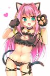  :3 :d alternate_costume animal_ears aqua_eyes ass_visible_through_thighs bangs bell bell_choker belt black_panties blush cat_cutout cat_ear_panties cat_ears cat_lingerie cat_tail choker cleavage_cutout collarbone cowboy_shot eyebrows eyebrows_visible_through_hair frills gloves green_hair hair_intakes hashimoto_nyaa heart highres jingle_bell legs_apart long_hair looking_at_viewer meme_attire monaka_natsume multicolored_hair navel open_mouth osomatsu-san panties paw_gloves paw_pose paws pink_hair side-tie_panties simple_background smile solo stomach streaked_hair tail thigh_strap underwear underwear_only white_background 
