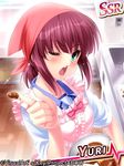  angel_beats! apron bandana bowl card_(medium) chestnut_mouth chocolate chocolate_making green_eyes mixing_bowl one_eye_closed purple_hair school_uniform serafuku shinda_sekai_sensen_uniform short_hair solo valentine yuri_(angel_beats!) zen 