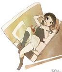  2016 banned_artist bare_shoulders black_eyes black_hair black_legwear blue_eyes camisole commentary_request couch dated ear food from_above full_body hair_ornament hairclip hand_on_own_chest holding holding_food knee_up kneehighs looking_at_viewer low_twintails lying midriff muted_color navel no_shoes on_back on_couch open_mouth original pillow pocky shirt shorts solo spaghetti_strap strap_slip tied_shirt twintails yopan_danshaku 