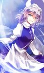  apron blue_eyes juliet_sleeves kutsuki_kai lavender_hair letty_whiterock long_sleeves looking_at_viewer puffy_sleeves scarf shirt skirt skirt_set smile solo touhou vest waist_apron 