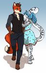  anthro canine clothed clothing duo feline female fox gradient_background half-closed_eyes hands_in_pockets kittydee male male/female mammal simple_background smile standing 