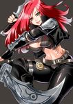  belt breasts cleavage green_eyes katarina_du_couteau large_breasts league_of_legends long_hair midriff mokko_(kamiko!) navel red_hair scar smile solo tattoo weapon 