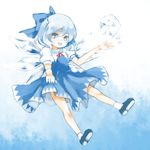  :d black_footwear blue_bow blue_dress blue_eyes blue_hair bow cirno commentary_request dress fairy fairy_wings full_body gradient gradient_background hair_between_eyes hair_bow hko ice ice_wings looking_at_viewer open_mouth puffy_short_sleeves puffy_sleeves red_ribbon ribbon shirt shoe_soles shoes short_hair short_sleeves simple_background smile socks solo tareme touhou white_background white_hair white_shirt wings 