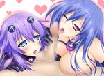  2girls bare_shoulders blue_eyes blue_hair blush braid breasts censored chaos-moon cleavage fellatio group_sex hair_ornament hetero highres iris_heart large_breasts licking long_hair looking_at_viewer mosaic_censoring multiple_fellatio multiple_girls neptune_(series) nipples oral penis power_symbol pubic_hair purple_hair purple_heart red_eyes saliva symbol-shaped_pupils testicle_licking testicles tongue twin_braids very_long_hair 