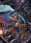  2015 aqua_eyes armpits bag bandeau bangs blue_hair blue_wings breasts cable denim eyebrows eyebrows_visible_through_hair feathered_wings feathers foot_hold full_body goggles goggles_on_head gradient_hair harpy knee_pads light_smile maxa' mechanic medium_breasts monster_girl multicolored_hair original overalls pipes pliers purple_hair repairing science_fiction short_hair signature socket_wrench solo space space_craft spacecraft_interior star_(sky) strapless suspenders tail_feathers talons tan tools vehicle_interior window wings zero_gravity 