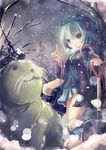  blue_eyes blue_hair boots from_below hair_bobbles hair_ornament hat highres kawashiro_nitori key long_sleeves manzairaku open_mouth scarf seal shirt shovel skirt skirt_set snowflakes snowing solo ti_owo touhou tree twintails two_side_up wide_sleeves 