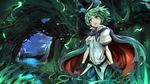  antennae asutora belt black_gloves bug cape cloud cloudy_sky fireflies firefly floating_hair gloves grass green_eyes green_hair highres insect night night_sky puffy_short_sleeves puffy_sleeves shirt short_hair short_sleeves sky solo touhou water white_shirt wind wriggle_nightbug 