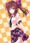  blush bow brown_hair checkered checkered_skirt hair_bow hat highres himekaidou_hatate necktie open_mouth oubou purple_eyes skirt solo sweatdrop tokin_hat touhou twintails 