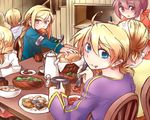  3girls agrias_oaks blonde_hair blue_eyes braid bread final_fantasy final_fantasy_tactics food multiple_boys multiple_girls mustadio_bunansa ramza_beoulve rei_daishiki sidelocks single_braid waitress white_mage white_mage_(fft) 