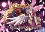  album_cover black_dress blonde_hair boots bow bowtie chinese_clothes cover dress dutch_angle feathers fox_tail full_moon hagiwara_rin hat jacket junko_(touhou) kishin_sagume long_hair long_sleeves looking_at_viewer moon multiple_girls multiple_tails off_shoulder open_mouth purple_dress red_eyes ribbon sash short_hair silver_hair single_wing tabard tail text_focus touhou very_long_hair wide_sleeves wings 