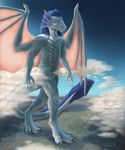  2015 anthro blue_fur blue_hair blue_scales city claws cloud dragon fur hair macro male membranous_wings nude scales scalie solo spectrumshift toe_claws wings yellow_eyes 