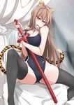  animal_ears bangs black_legwear blush breasts brown_hair cameltoe cleavage cuffs eyebrows eyebrows_visible_through_hair handcuffs holding holding_weapon large_breasts lindoh_flores long_hair one-piece_swimsuit original red-eyes_macadamiachoco red_eyes sitting solo spread_legs swimsuit sword tail teeth thighhighs tiger_ears tiger_tail weapon 