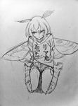  actia_(monster_musume) antennae barefoot clothes_writing full_body greyscale insect_girl kanemaki_thomas monochrome monster_girl monster_musume_no_iru_nichijou monster_musume_no_iru_nichijou_online moth_ears moth_girl moth_wings short_hair short_shorts shorts sitting sketch solo traditional_media wariza wings 