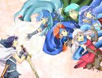  5boys :d ^_^ ^o^ armor bad_id bad_pixiv_id bangle bare_shoulders belt birthmark black_gloves black_legwear blue_eyes blue_gloves blue_hair blue_scarf bracelet branded cape celice_(fire_emblem) closed_eyes dress elbow_gloves ena-og ephraim fang fingerless_gloves fire_emblem fire_emblem:_akatsuki_no_megami fire_emblem:_fuuin_no_tsurugi fire_emblem:_kakusei fire_emblem:_monshou_no_nazo fire_emblem:_seima_no_kouseki fire_emblem:_seisen_no_keifu gloves green_hair hair_ribbon half_updo headband highres jewelry krom long_hair marth micaiah multiple_boys open_mouth pantyhose parody red_eyes red_hair reverse_grip ribbon roy_(fire_emblem) scarf shiny shiny_clothes side_slit silver_hair sleeveless sleeveless_dress smile sparks sword tattoo tiara wavy_mouth weapon yellow_eyes 