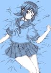  bangs blue blue_background fubuki_(kantai_collection) kantai_collection knees_together kouji_(campus_life) looking_at_viewer low_ponytail lying monochrome on_back on_bed outstretched_arms pleated_skirt ponytail revision ribbon school_uniform serafuku short_ponytail sketch skirt solo spot_color spread_arms 