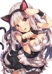  animal_ears bad_id bad_pixiv_id breasts cat_ears cat_tail cleavage commentary_request fake_animal_ears hairband highres idolmaster idolmaster_(classic) large_breasts long_hair maid narumi_arata paw_pose purple_eyes revision shijou_takane silver_hair solo tail thighhighs 