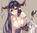  antenna_hair black_gloves black_hair breasts brown_background cleavage danua draph fingerless_gloves fujiko_(fujik0) gloves granblue_fantasy horns large_breasts long_hair pointy_ears red_eyes simple_background solo 
