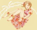 :d aiba_yumi anklet armlet bare_legs bare_shoulders barefoot blush bow bra bracelet brown_hair closed_eyes collar feet flower flower_anklet flower_collar flower_skirt hair_flower hair_ornament idolmaster idolmaster_cinderella_girls jewelry knees_to_chest open_mouth sasasasa smile solo underwear yellow_background 