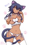  :3 animal_ears bell bell_choker black_hair breasts cat_cutout cat_ears cat_lingerie cat_tail choker convenient_censoring cowboy_shot dark_skin hair_censor inverted_costume jingle_bell large_breasts long_hair meme_attire multiple_tails navel nekomata original panties parody paw_pose shake-o side-tie_panties solo tail tail_censor thighhighs twitter_username underwear yellow_eyes 