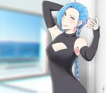  black_dress blue_hair braid breasts cleavage cleavage_cutout detached_sleeves doorway dress facial_mark fashion forehead hair_over_one_eye head_tilt highres j_adsen jinx_(league_of_legends) league_of_legends lips long_hair looking_at_viewer medium_breasts nail_polish pink_eyes smile solo turtleneck twin_braids 