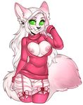  anthro big_breasts bow breasts clothing ear_piercing fangs feline female green_eyes hair keyhole_turtleneck legwear long_hair looking_at_viewer mammal nipples piercing pussy smile stockings sweater white_hair wide_hips xenthyl 