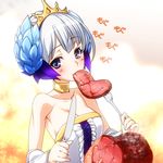  bare_shoulders blue_eyes crown dress eating ebido food fork gwendolyn knife meat odin_sphere silver_hair solo strapless strapless_dress 
