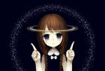  black_background bow braid brown_hair halo index_finger_raised looking_at_viewer muted_color original personification planet planetary_ring purple_eyes reflective_eyes sasasasa saturn simple_background sleeveless solo star star_trail twin_braids 