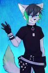  2014 anthro belt blue_eyes bracelet camo_(character) canine clothed clothing collar dog_tags gloves green_hair grin hair handkerchief jewelry male mammal nayel-ie necklace skull_and_crossbones solo standing wolf 